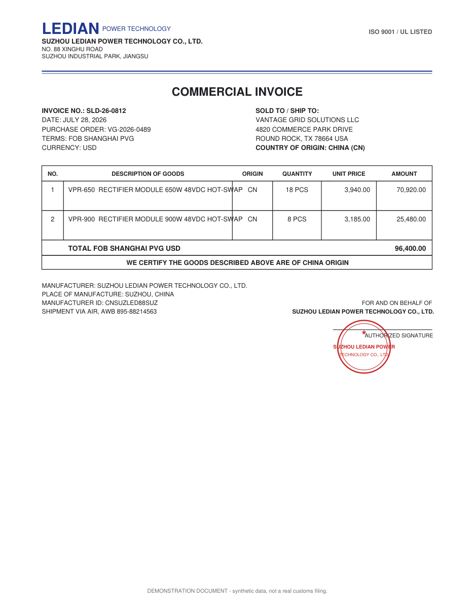 Commercial invoice SLD-26-0812, four layers