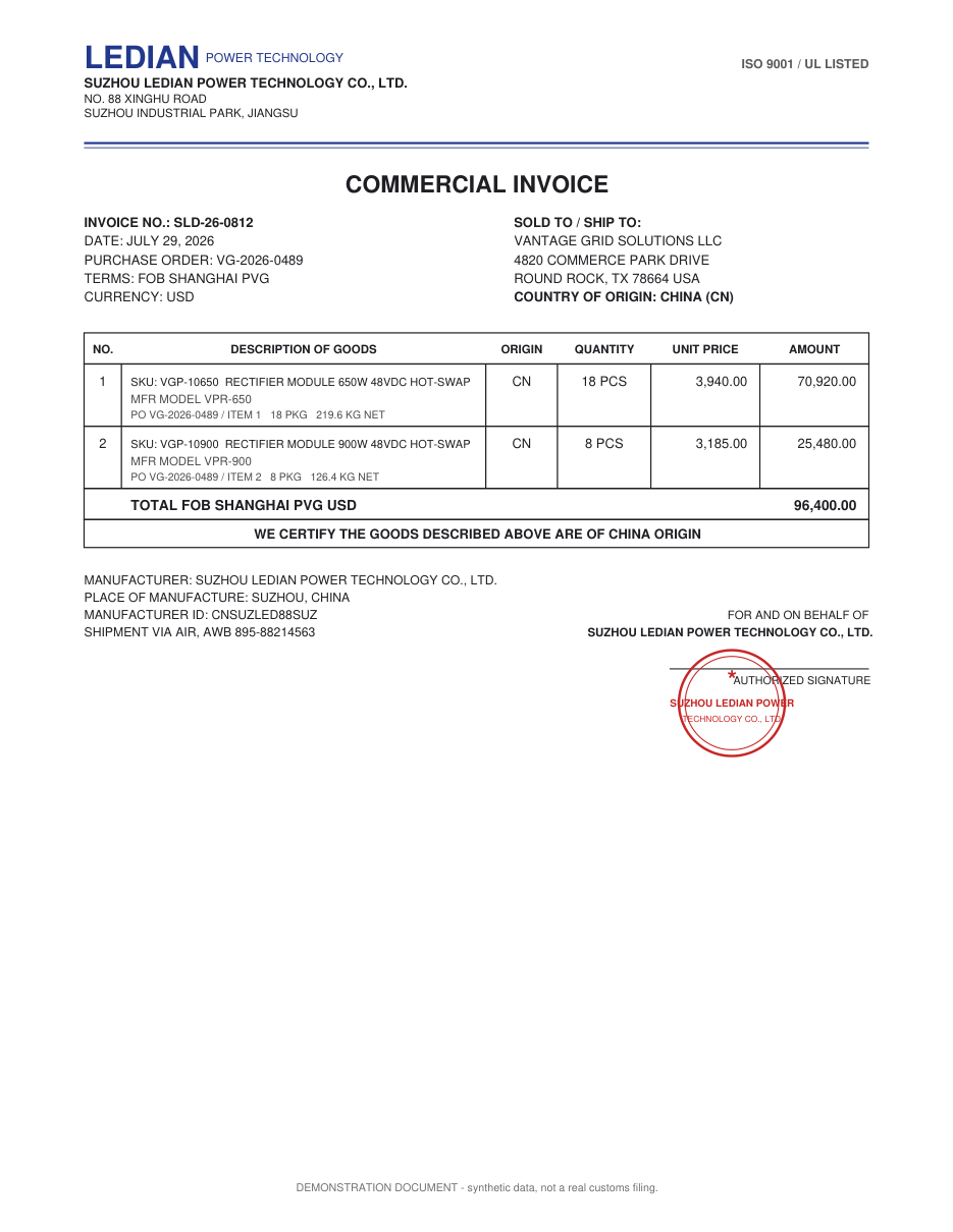 Commercial invoice SLD-26-0812, page 1